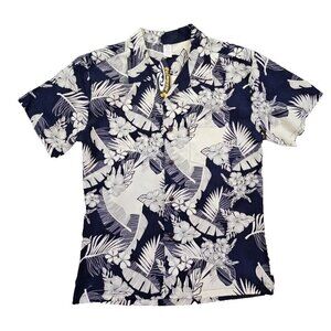 Palmwave Hawaiian Shirt Men's Large Navy White Floral NWT Old Money Quiet Luxury